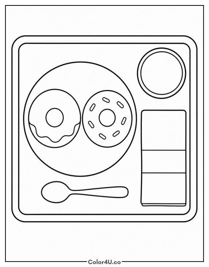Breakfast tray with two donuts and juice seen from above, medium donut coloring page, free printable