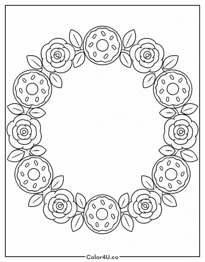 Wreath of donuts and roses with leaves, detailed donut coloring page, free printable