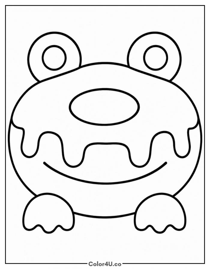 Frog donut with bulging eyes and webbed feet, easy donut coloring page, free printable