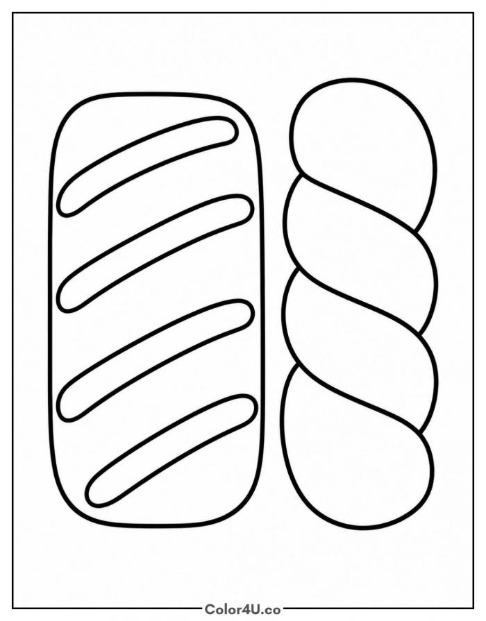 Long john donut beside a braided twist, easy donut coloring page, free printable
