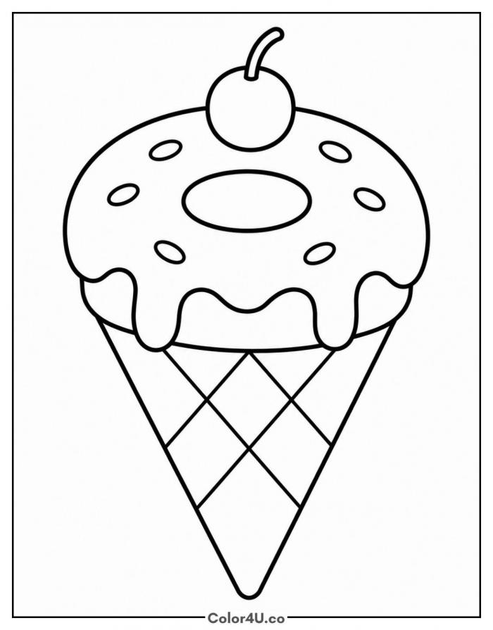 Donut sitting on a waffle ice cream cone with a cherry, easy donut coloring page, free printable