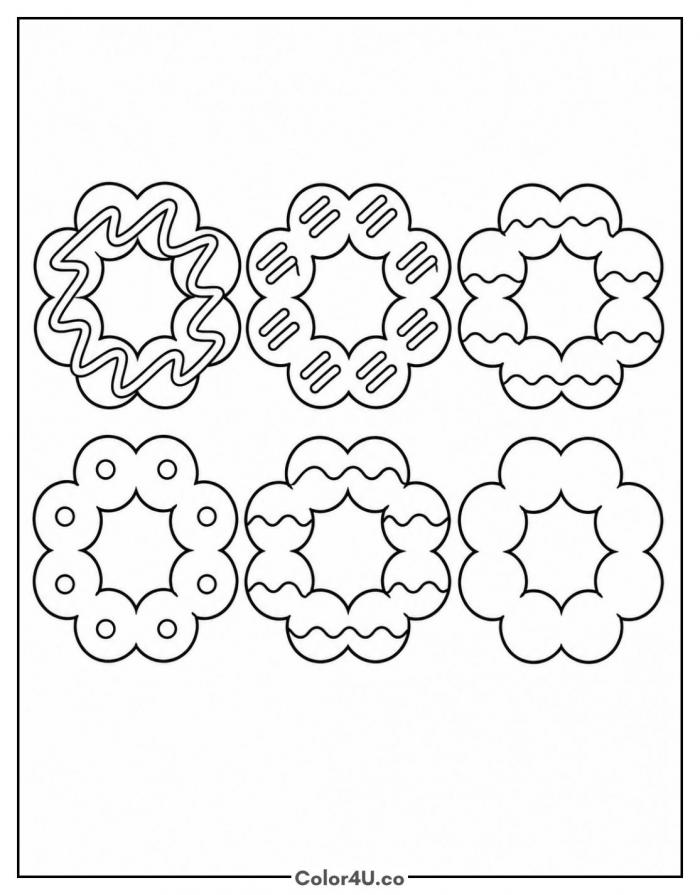 Six mochi donuts with different toppings, medium donut coloring page, free printable