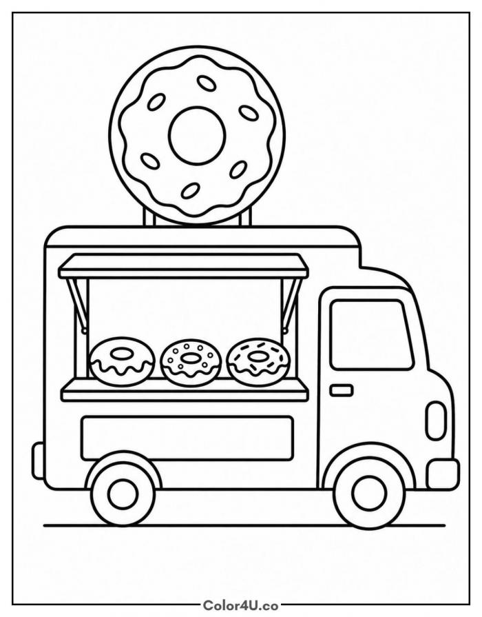 Donut food truck with a giant donut sign on the roof, medium donut coloring page, free printable