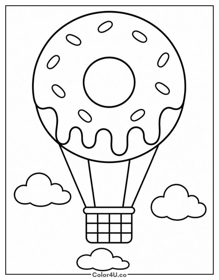 Donut hot air balloon with a basket and clouds, medium donut coloring page, free printable