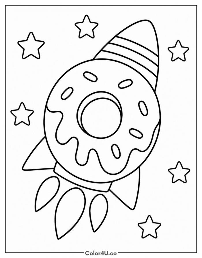 Donut rocket flying through space with stars, medium donut coloring page, free printable