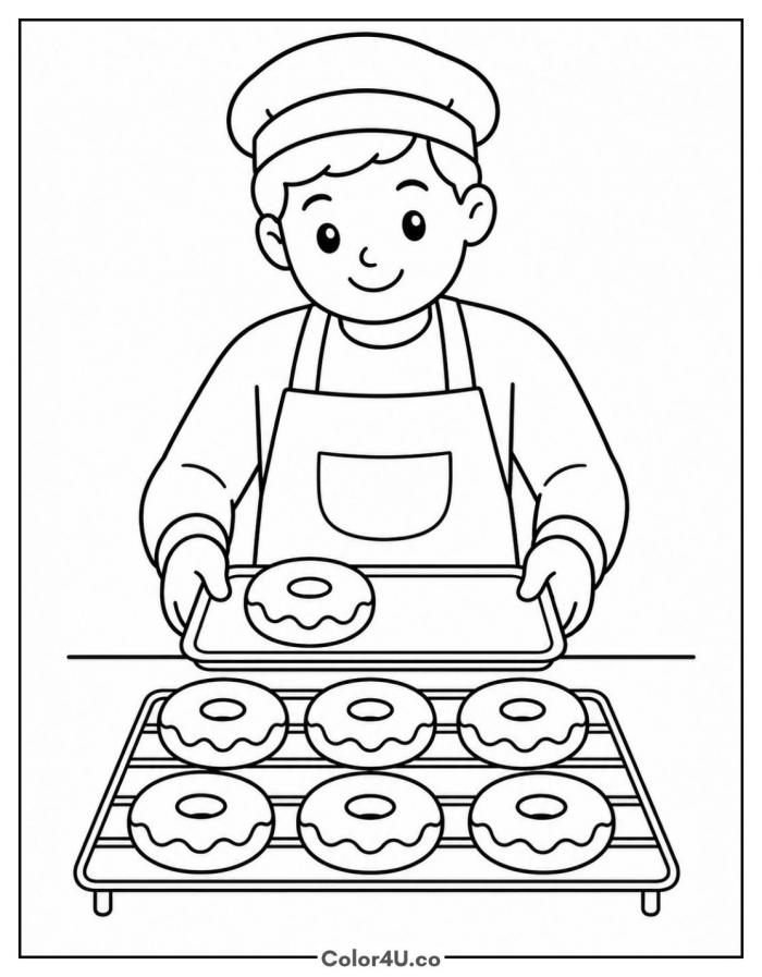 Baker placing donuts on a cooling rack, medium donut coloring page, free printable