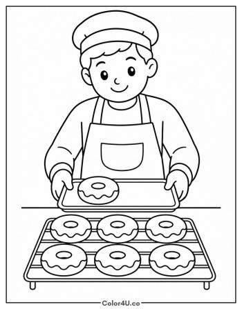 Baker Setting Donuts on a Cooling Rack coloring page