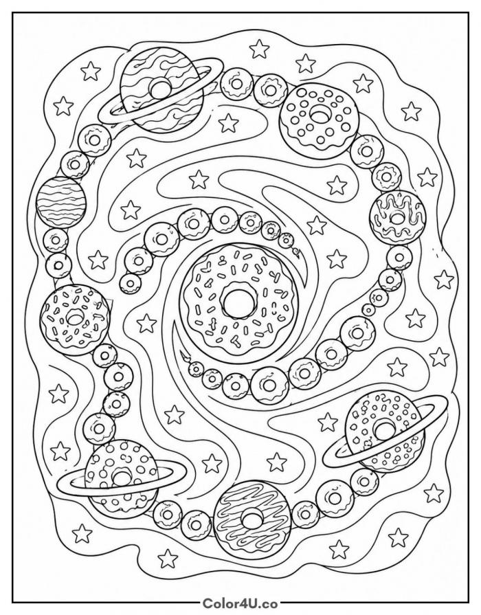 Galaxy made of donut planets and asteroids, detailed donut coloring page, free printable