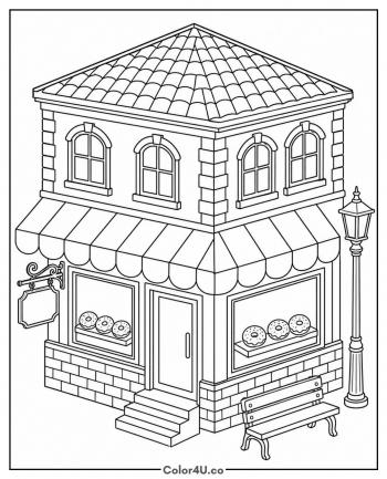 Isometric Donut Shop Corner coloring page