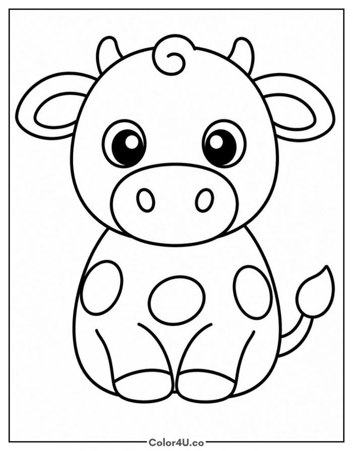 Baby calf sitting with big eyes and round spots, easy cow coloring page, free printable