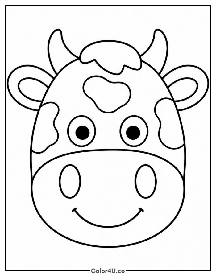 Close up cow face with patches and a wide smile, easy cow coloring page, free printable
