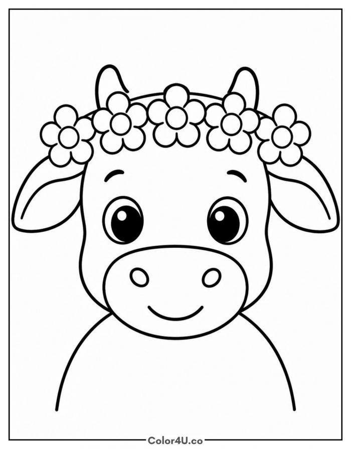 Baby cow wearing a flower crown of daisies, easy cow coloring page, free printable