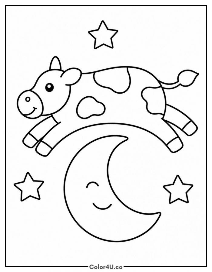 Cow jumping over a smiling crescent moon and stars, easy cow coloring page, free printable