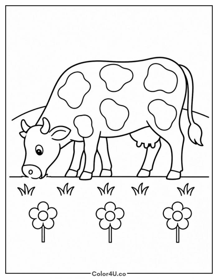 Cow grazing with head down in a meadow of grass and flowers, medium cow coloring page, free printable