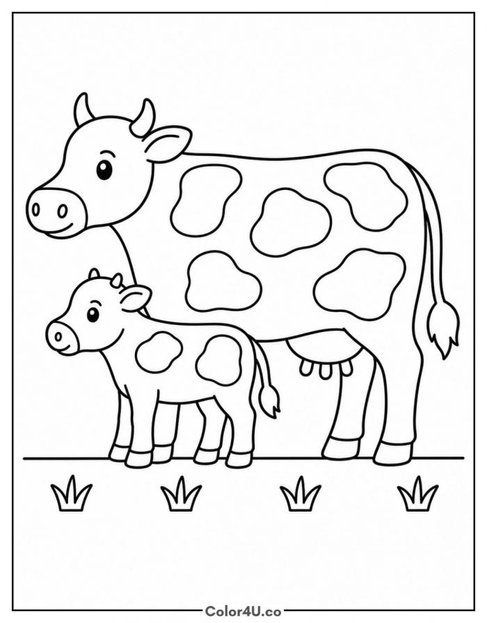 Mother cow standing behind her small calf, medium cow coloring page, free printable