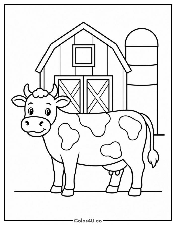 Cow standing in front of a barn and silo, medium cow coloring page, free printable