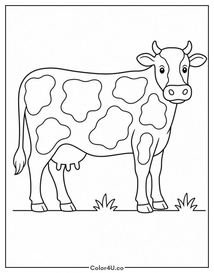 Holstein cow with large black spots standing in a field, medium cow coloring page, free printable