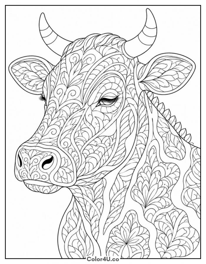 Cow head portrait covered in leaf and swirl patterns, detailed cow coloring page, free printable