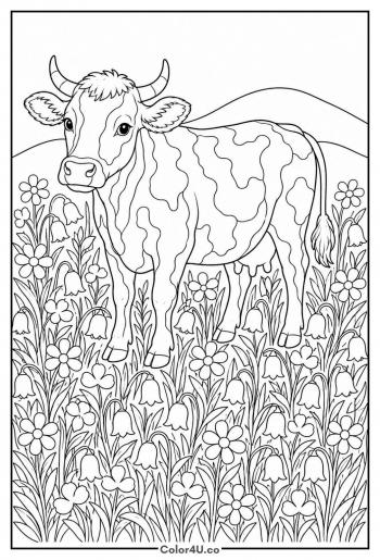Cow in a Wildflower Field coloring page