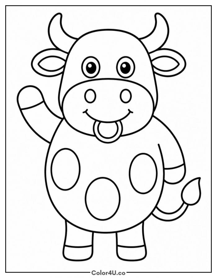 Cartoon bull waving with a nose ring and three spots, easy cow coloring page, free printable