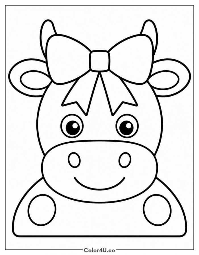 Cow face wearing a large ribbon bow between her horns, easy cow coloring page, free printable