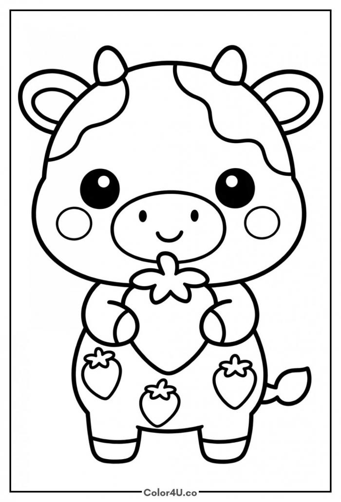 Kawaii strawberry cow holding a big strawberry, easy cow coloring page, free printable