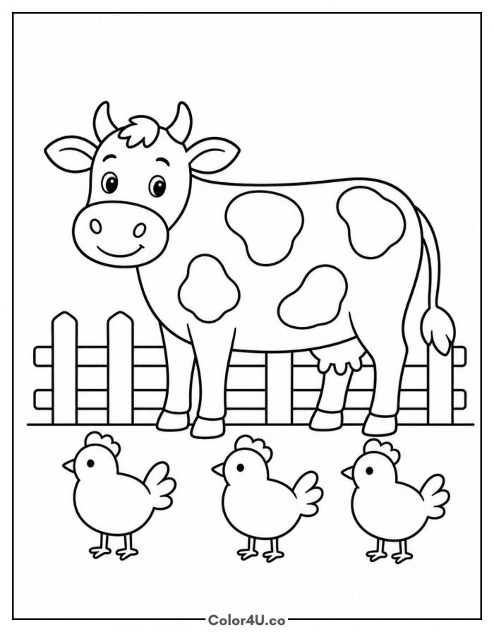Cow standing by a fence with three chickens in the farmyard, medium cow coloring page, free printable
