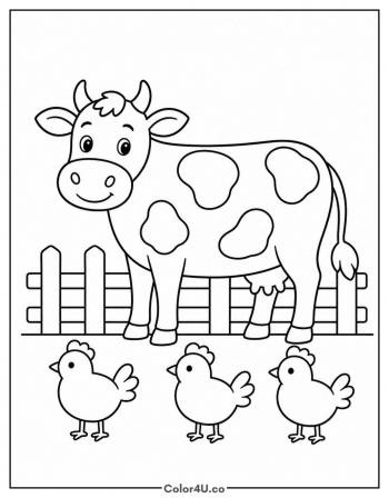 Cow with Farmyard Chickens coloring page