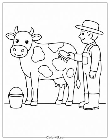 Farmer Brushing a Cow coloring page
