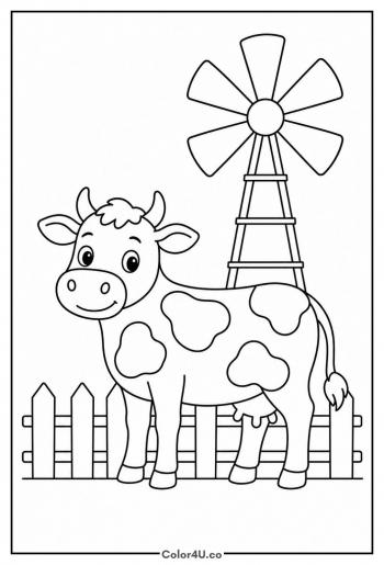Cow by a Farm Windmill coloring page