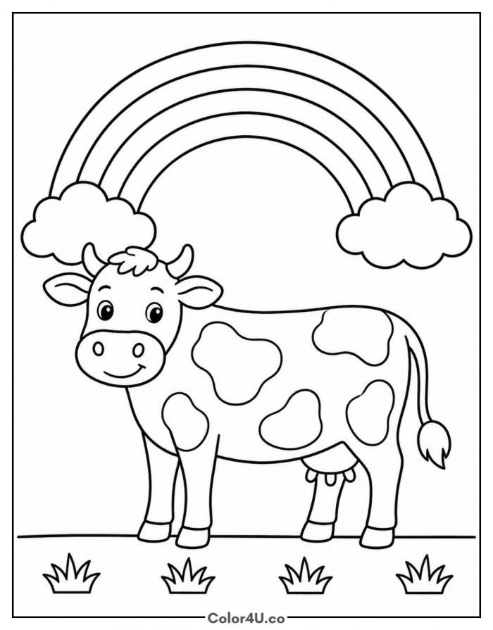 Cow standing under a rainbow arching between two clouds, medium cow coloring page, free printable