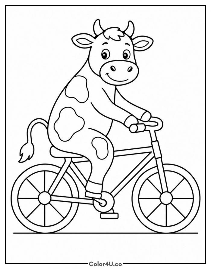 Cartoon cow riding a bicycle with spoked wheels, medium cow coloring page, free printable