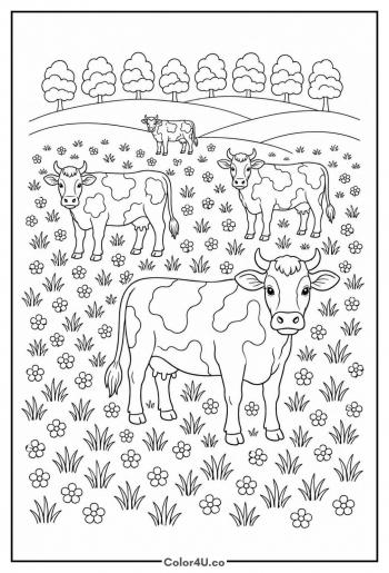 Herd of Cows in an Open Field coloring page