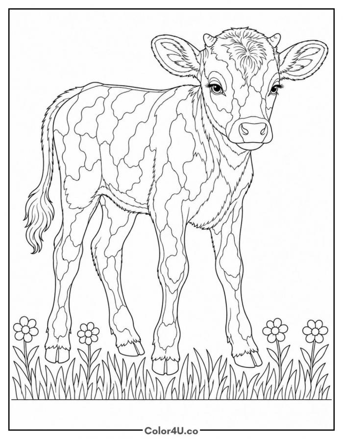 Realistic standing calf with detailed coat patches in grass, detailed cow coloring page, free printable