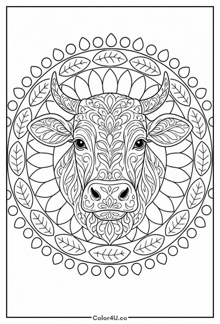 Ornate cow head framed by a circular mandala of leaves and petals, detailed cow coloring page, free printable