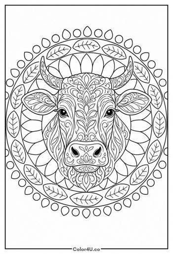 Cow Head in a Floral Mandala Frame coloring page