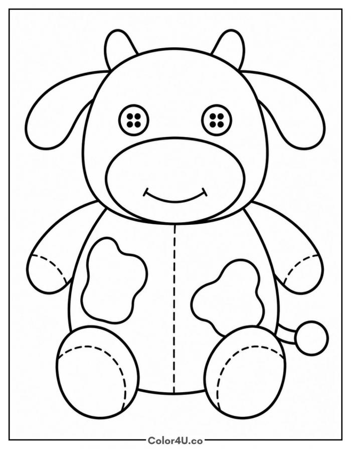 Cow plush toy with button eyes and stitched seams, easy cow coloring page, free printable