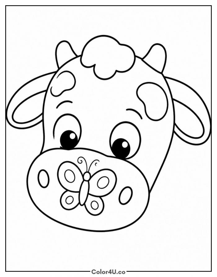 Calf looking down at a butterfly resting on its muzzle, easy cow coloring page, free printable