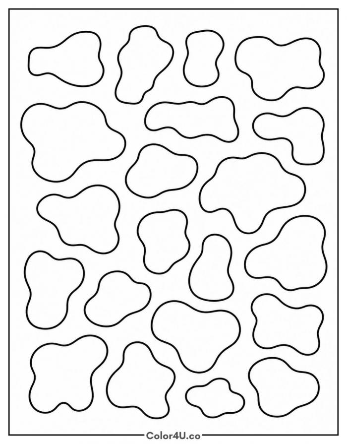 Page of scattered cow print blob shapes, easy cow coloring page, free printable
