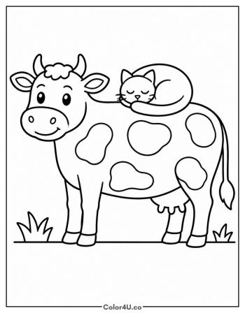 Cow with a Cat Asleep on Its Back coloring page