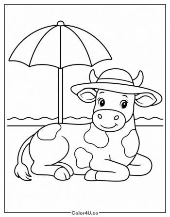 Cow at the Beach in a Sun Hat coloring page