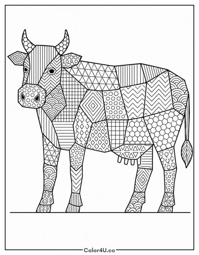 Cow divided into panels filled with geometric patterns, detailed cow coloring page, free printable