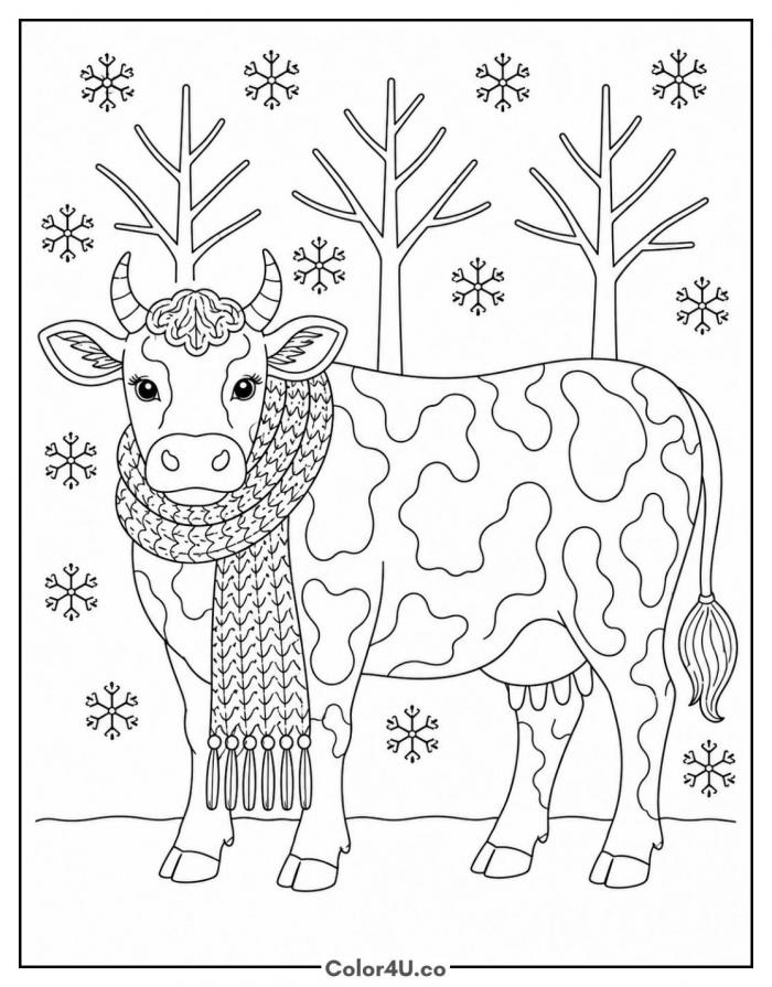 Cow wearing a long knitted scarf among bare trees and snowflakes, detailed cow coloring page, free printable