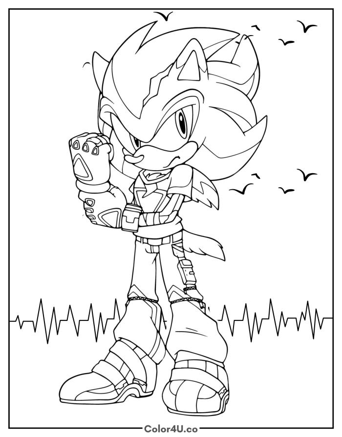 Sonic in battle armor with mechanical gauntlet, detailed Sonic the Hedgehog coloring page, free printable