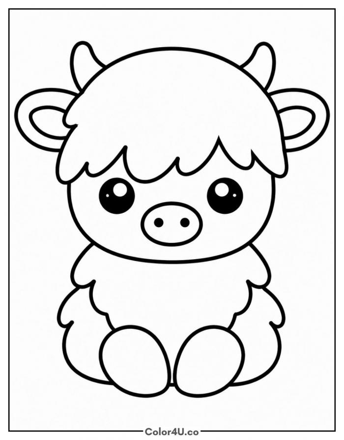 Baby Highland calf sitting, easy coloring page, free printable