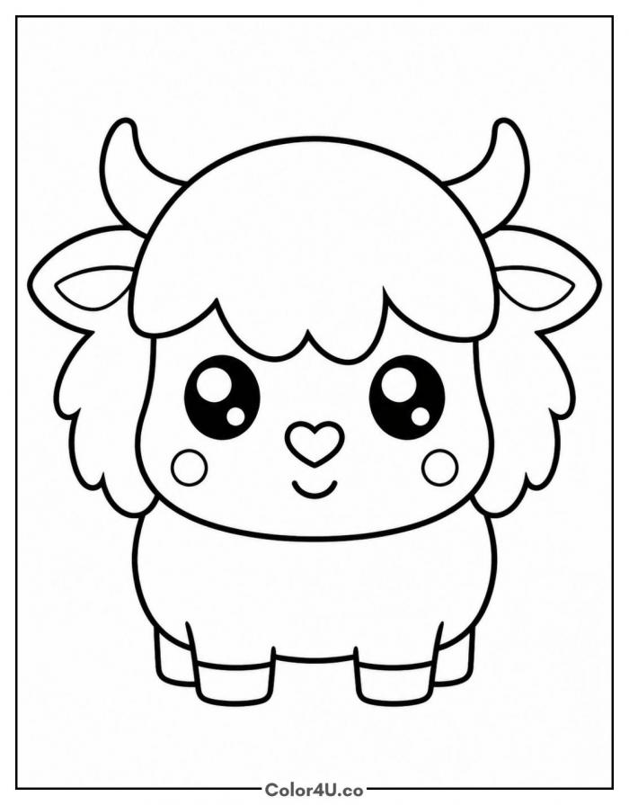 Kawaii Highland cow smiling, easy coloring page, free printable