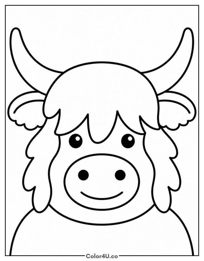 Highland cow face close up, easy coloring page, free printable