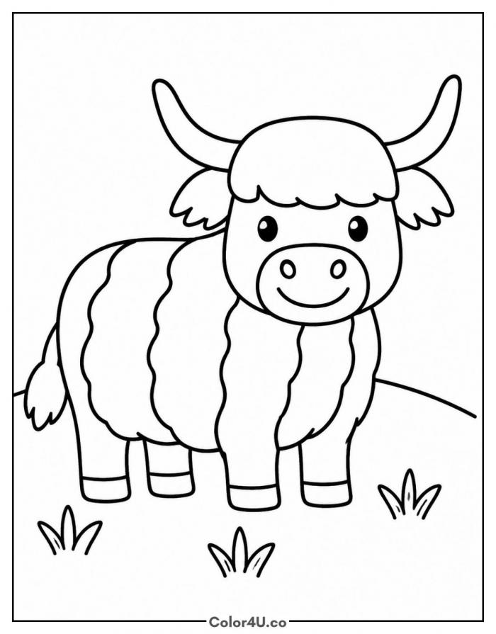 Happy Highland cow standing in grass, easy coloring page, free printable