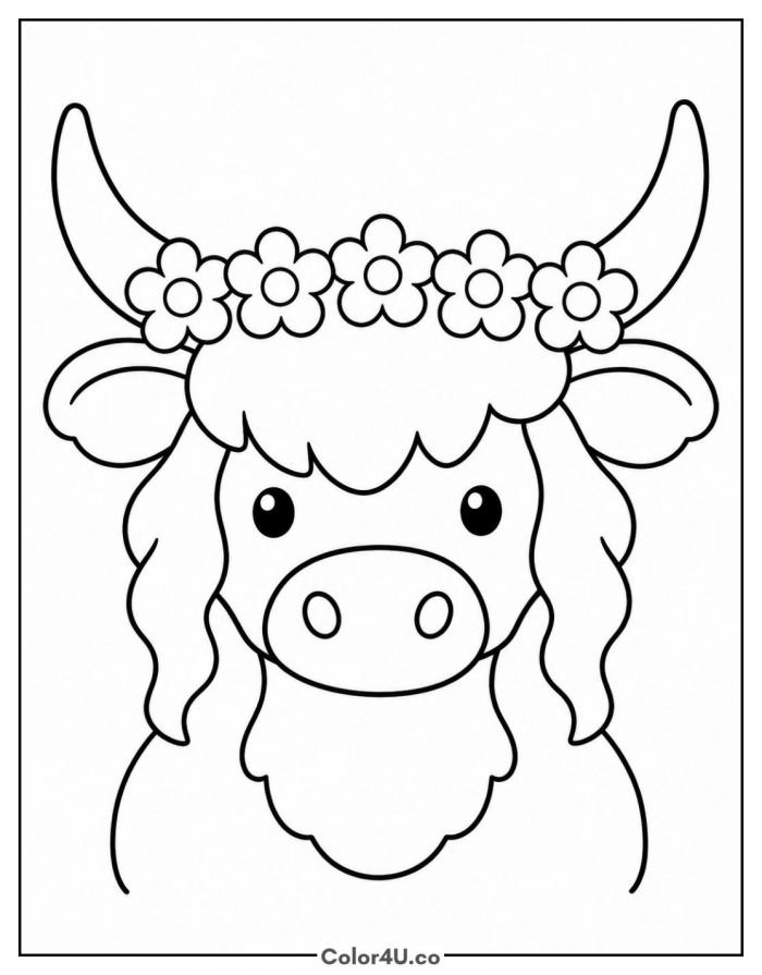 Highland cow wearing a flower crown, easy coloring page, free printable