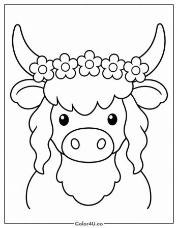 Highland Cow with a Flower Crown coloring page